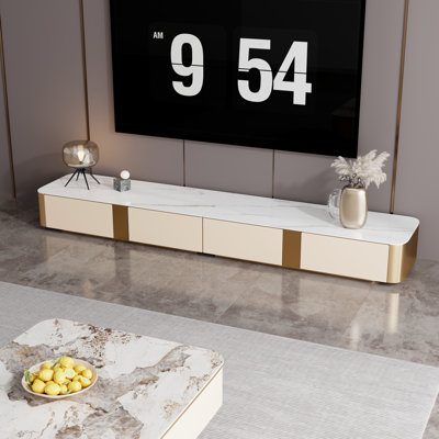 Lakendrick 94.5'' W White and gold faux marble TV stand with 4 drawers for living room