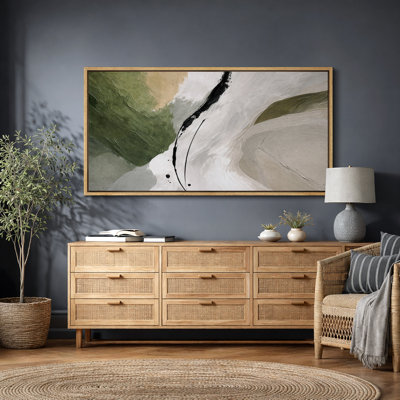Abstract Green Beige Minimal Composition Artwork, Contemporary Living Room Pictures, Framed Canvas Giclee Print Wall Art