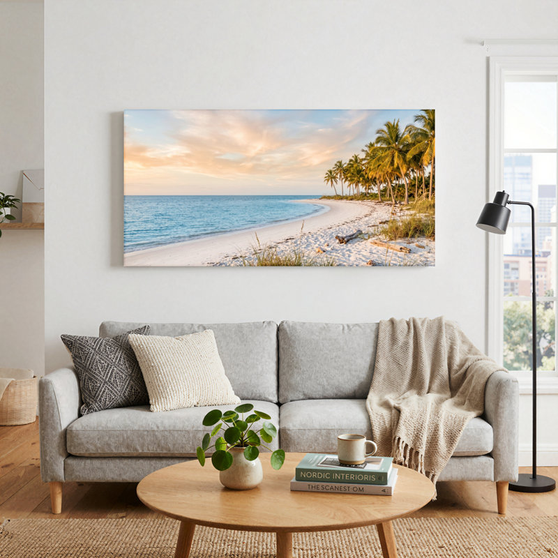 Ensemble de 1 tableau sur toile représentant un coucher de soleil sur la plage, L 40 po x H 20 po, Toile tendue