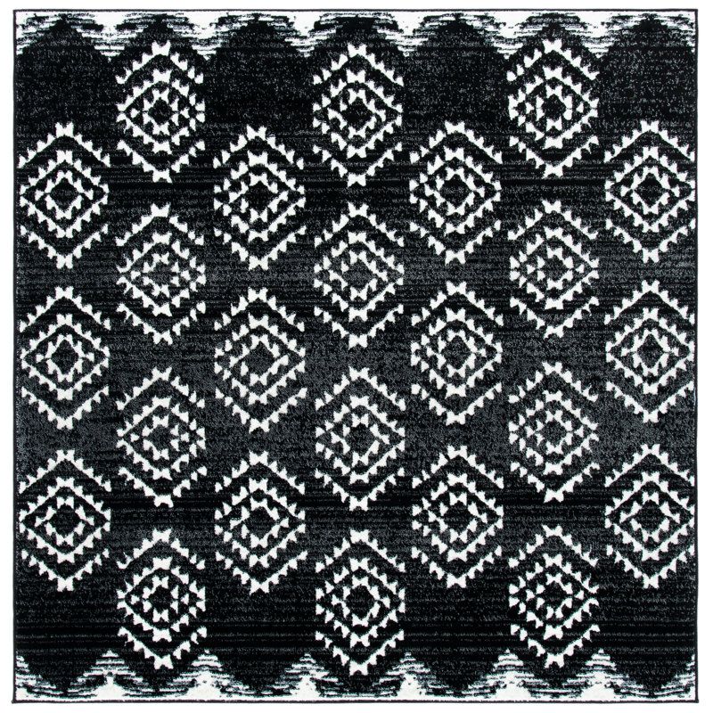 Tapis tissé géométrique noir / ivoire Gonsales, Carré 6 pi 7 po