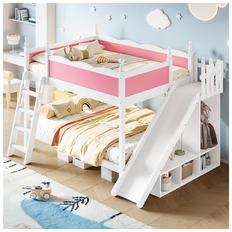 Lit superposé double au-dessus de double avec tablettes de rangement, lit superposé en bois massif avec glissière et échelles, conception à profil bas, rose et blanc