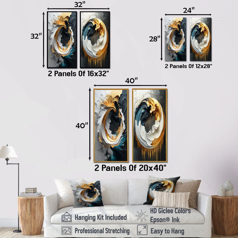 «Black and Gold Moon Lines III - Abstract Shapes», ensemble de 2 pièces d'art mural, H 28 po x l 24 po, Cadre flottant noir