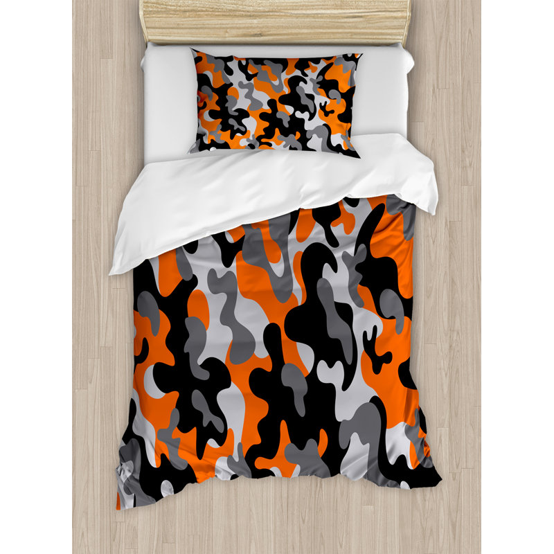 Twin Orange and Gray Camouflage Microfiber Duvet Cover Set