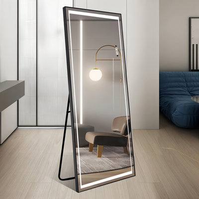 Miroir de plancher moderne à DEL pleine longueur - éclairage réglable avec base, noir