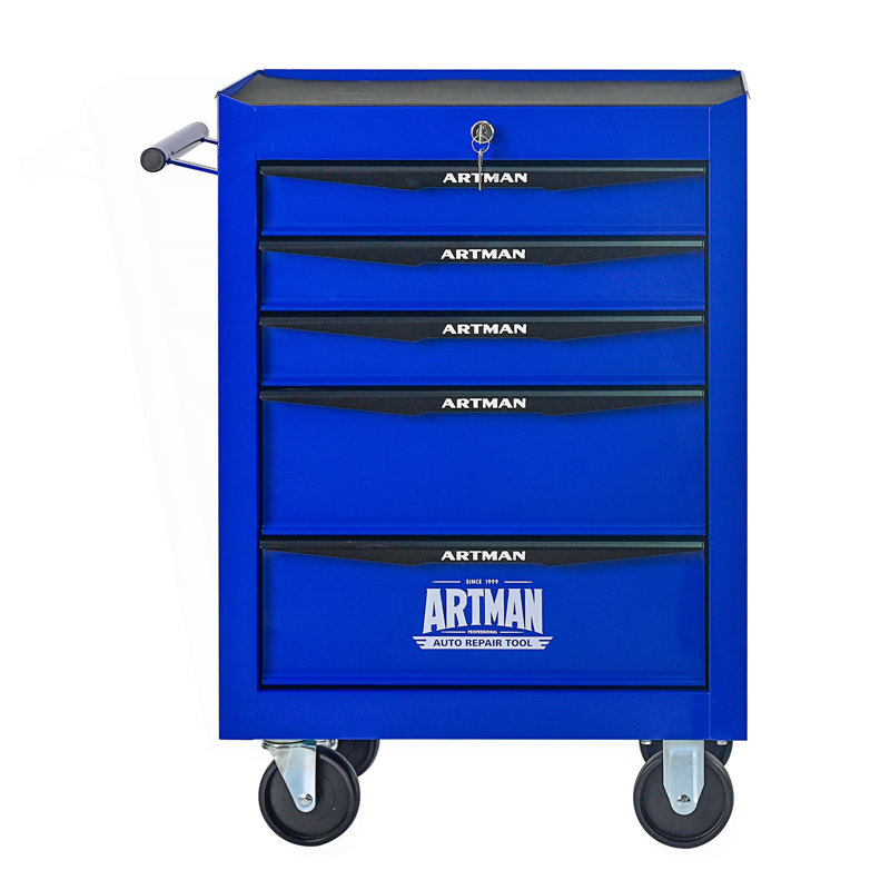 Coffre à outils roulant en métal avec 5 tiroirs, armoire d'appoint, Noir / Bleu