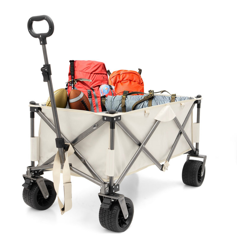 Chariot pliant de chariot de plage utilitaire robuste pour le sable avec de grandes roues, poignée réglable et porte-boissons pour le magasinage, le camping, le jardin et l'extérieur