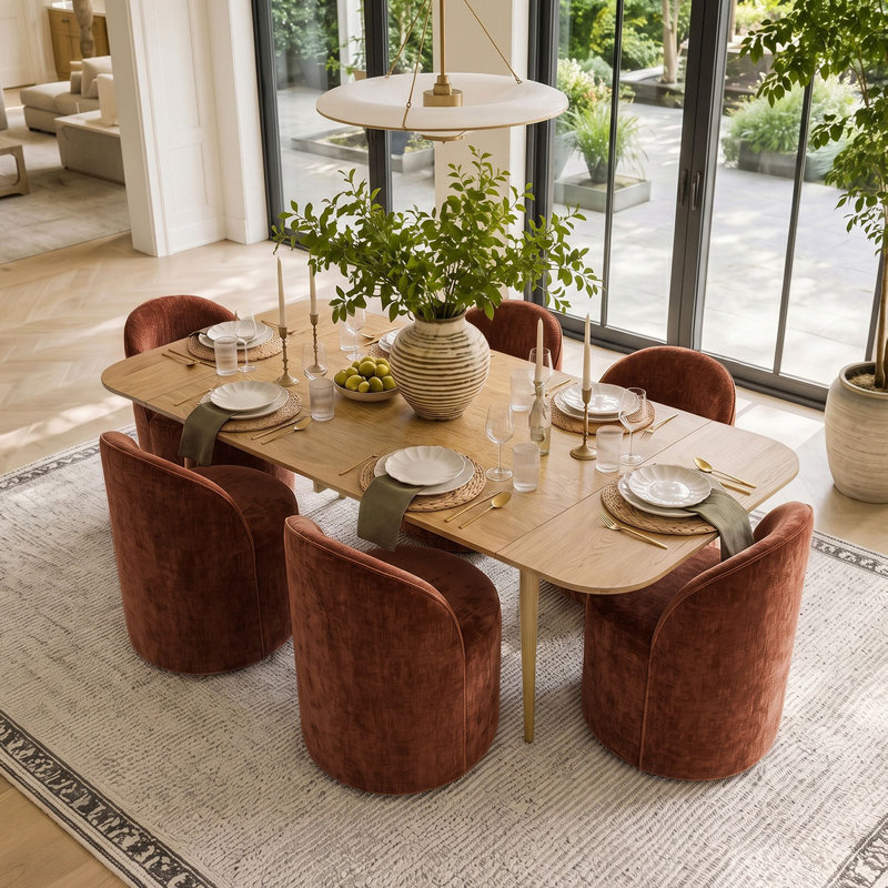 Ensemble de table de salle à manger pour 6 personnes avec table extensible et 6 chaises roulantes revêtues de chenille, Terra