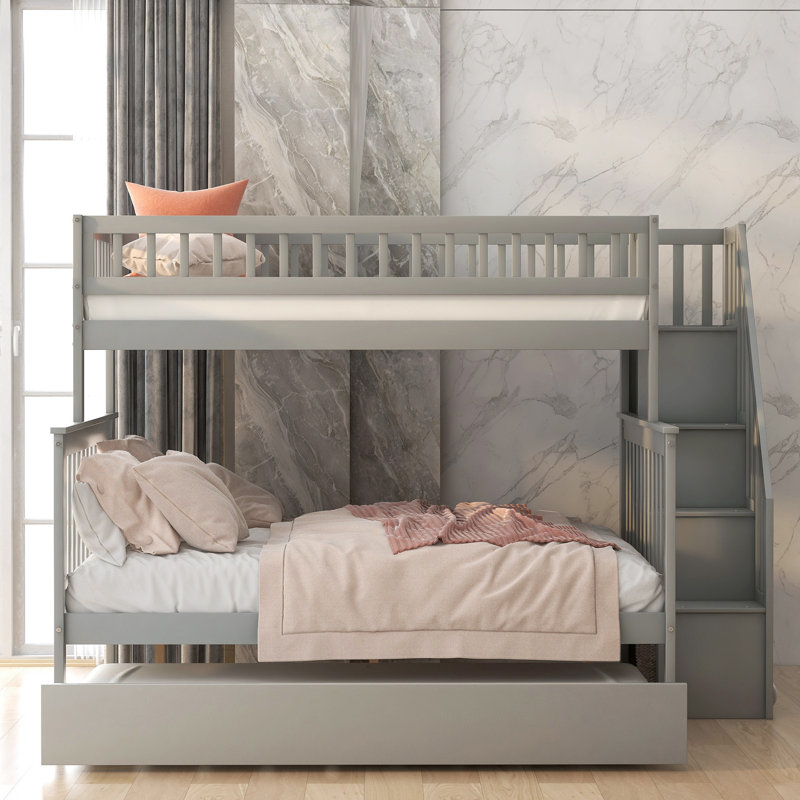 Hazzard Twin over Full  Standard Bunk Bed with Staircase and Trundle , Light Gray