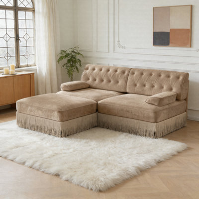 Canapé Chesterfield en velours avec repose-pieds, canapé modulaire capitonné avec jupe à franges, canapé rembourré style rétro