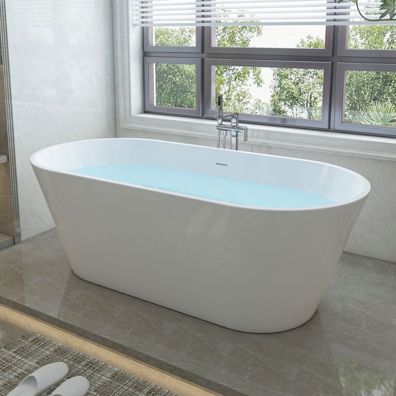 Iris 59" x 29.5" Freestanding Soaking Acrylic Bathtub, White/Integrated Overflow