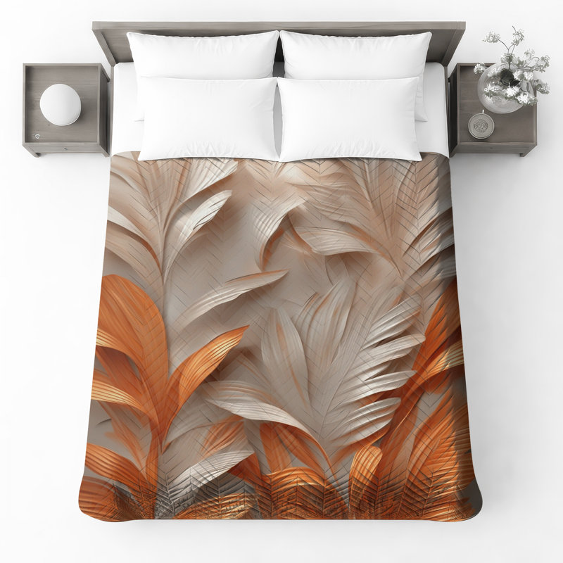 Textured Leaf Pattern Quilted Thin Bedspread, King, Medium Beige Dark Orange