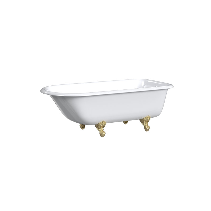 61'' L Freestanding Soaking Bathtub, Polished Brass, White Interior with White Exterior