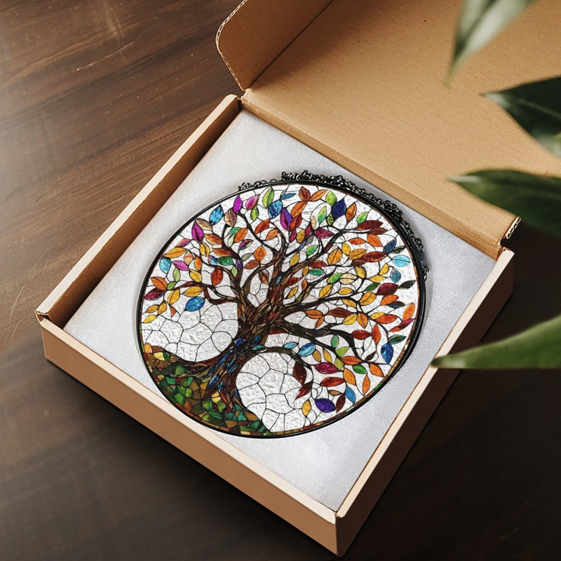 Vitrail arbre de vie vitrail pour fenêtre, 6,3 x 6,3 po (16 x 16 cm)