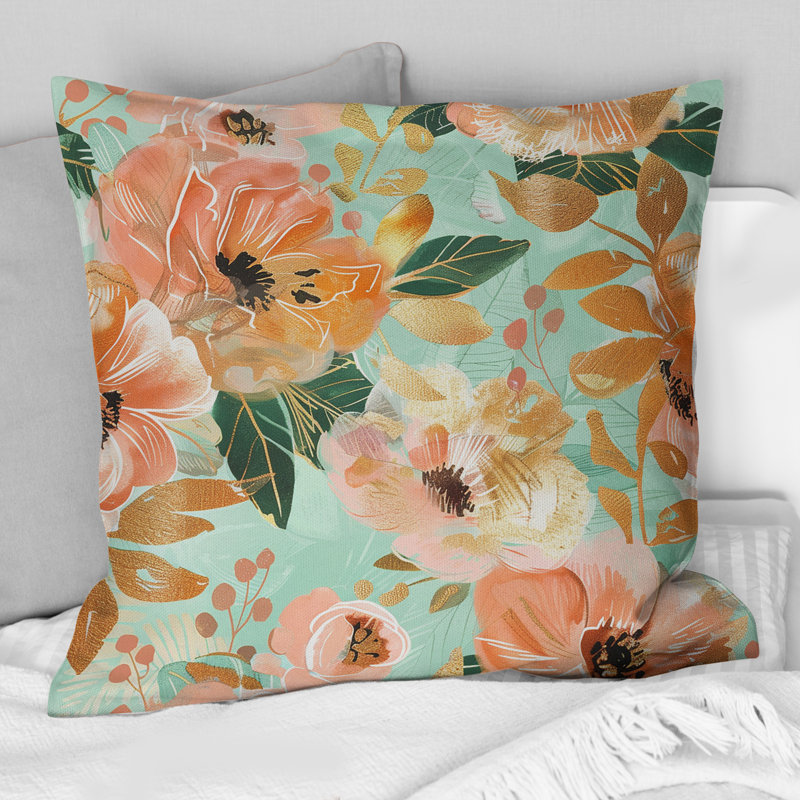 Peach Gold Floral Retro Blooms - Coussin décoratif rétro Floral, H 18 po x l 18 po