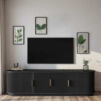 Wooden Tv Stand With Fluted Sliding Tambour Door, Adjustable Shelves, Storage Space, Golden Handles And  Cable Holes