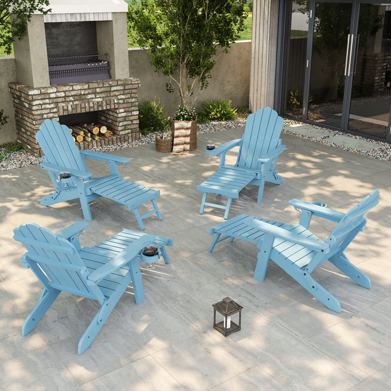 4pcs Folding Adirondack Chair with Retractable Ottoman and Cup Holder Adjustable Adirondack Chair with Footrest Set