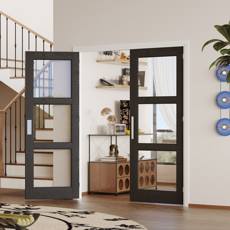 Portes doubles en dalle - 3 portes intérieures en panneau de fibres à densité moyenne en verre transparent au fini noir, finition à peindre (poignée, charnières, loquet et serrure inclus)