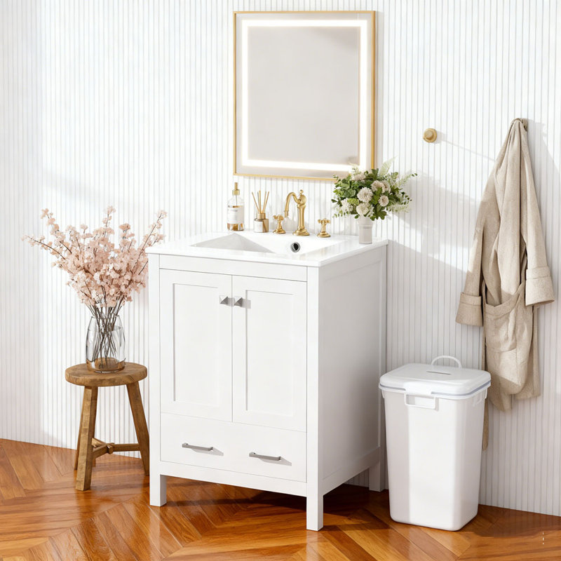 Meuble-lavabo de salle de bain avec lavabo encastré intégré avec tiroir divisé et tablette de porte à double couche, Blanc
