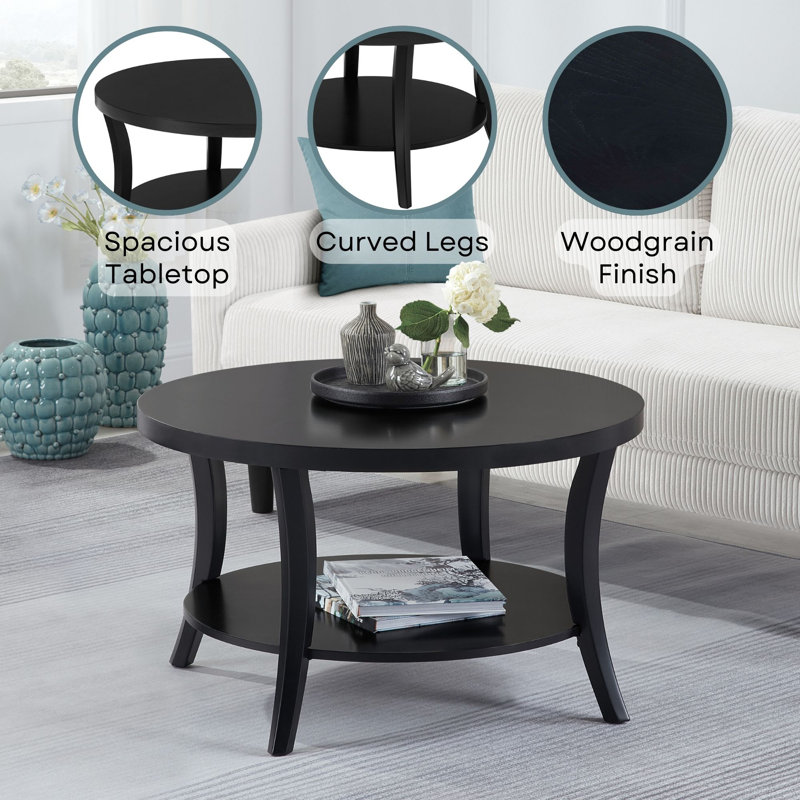 Dinh Round Coffee Table with Shelf, Black