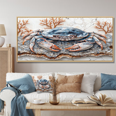 Aquarium Blue And White With Large Crab II - Crab Framed Wall Art