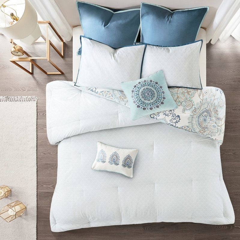 Édredon réversible en coton pour grand lit - 8 pièces, imprimé botanique, literie facile d'entretien avec coussins décoratifs, motif de médaillon imprimé
