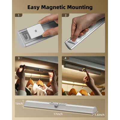 17 lumières de garde-robe à capteur de mouvement de 17 pouces, lumières rechargeables à DEL 3600 mAh, 150 lumières lumens incurvées incurvées, garde-temps à intensité variable de 3 couleurs pour garde-robe, tablettes, paquet de 3