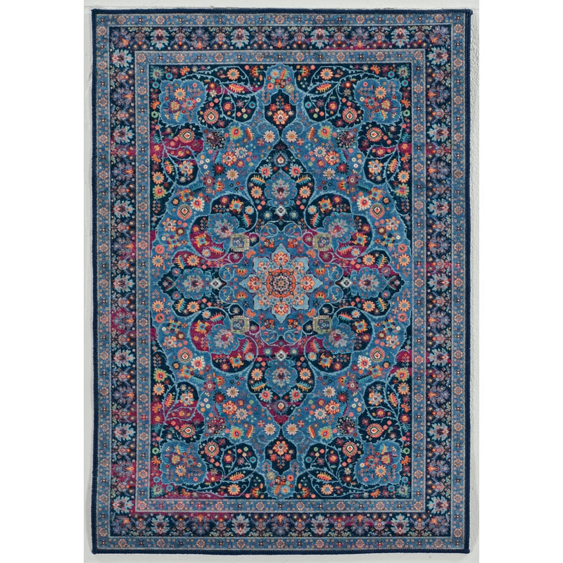 Emanuel Traditional Machine Woven Flatweave Blue and Raspberry Area Rug with Non Skid Backing , Rectangle 5' x 7'6"