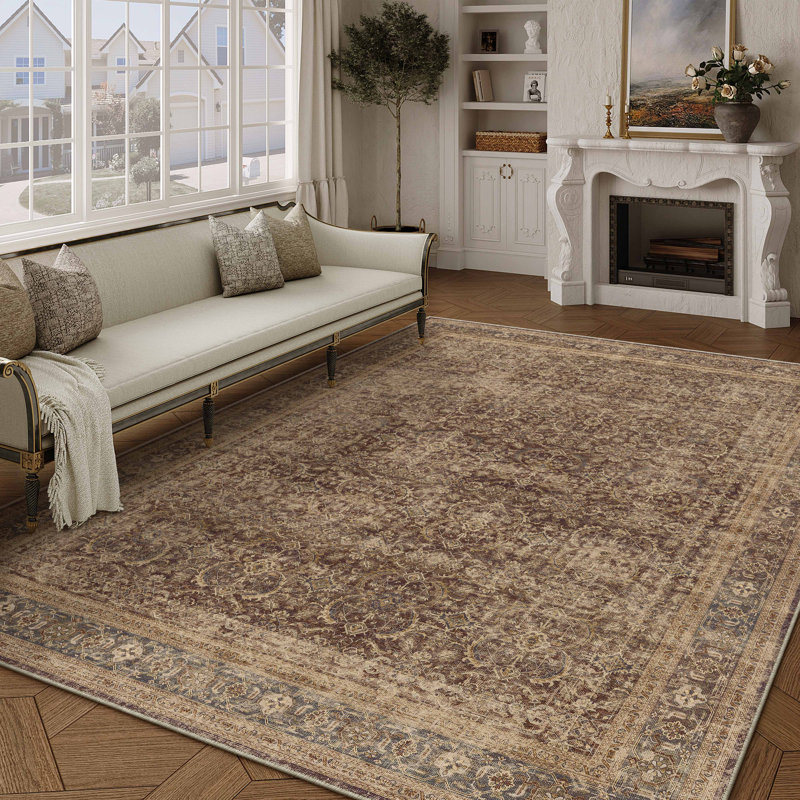 Tapis brun à motif floral rétro élégant Luthien, Rectangulaire 8 pi x 10 pi