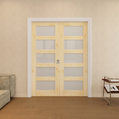 Porte en bois de pin 56 po x 56 po à double porte 56 po x 80 po avec serrure argentée, bois de pin naturel, dalle d'intimité et de sécurité en verre trempé, pouvant être peinte et imperméable, combinaison pour garde-robe, portes de garde-manger, portes de chambre à coucher
