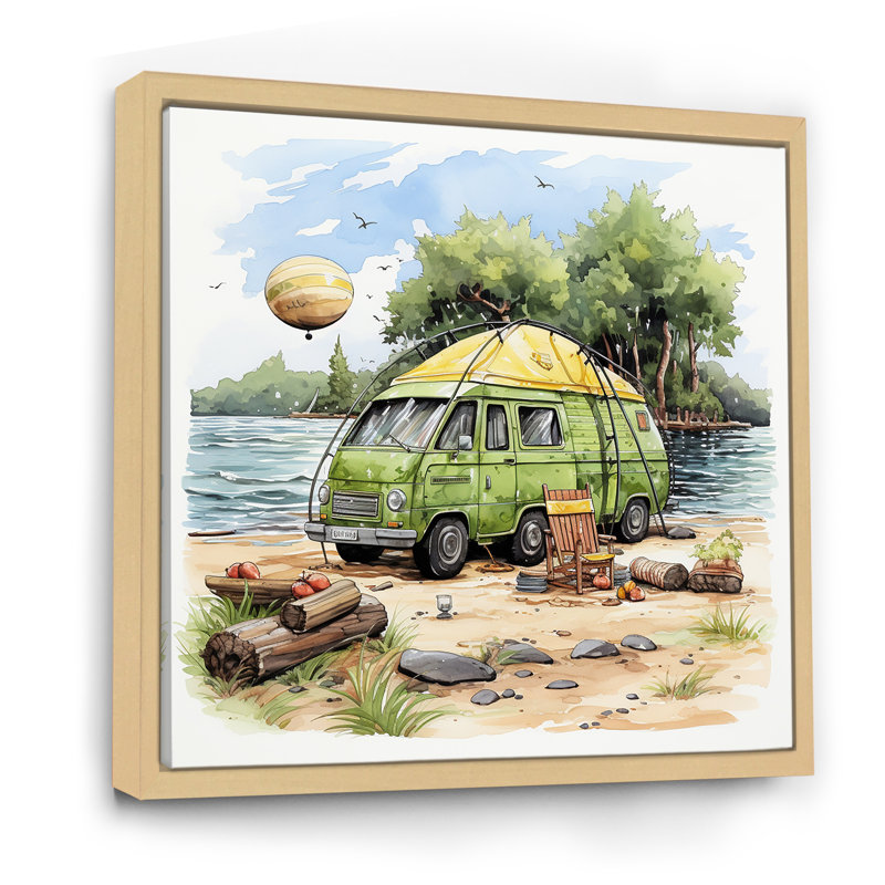 «Riverside Repose Camping Van 1», art mural fruits, Cadre flottant brun, H 16 po x l 16 po x P 1 po