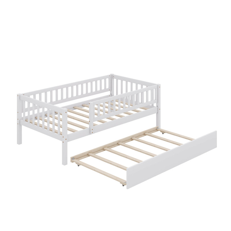 Wooden Daybed With Underbed Trundle And Fence-Style Guardrails, Twin, White