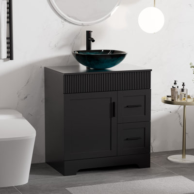 30" Freestanding Single Bathroom Vanity Set With Manufactured Wood Top, Vessel Sink, Faucet And Drain, Hand Painted Water-Resistant