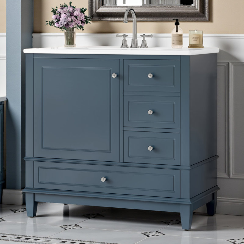 Ensemble de meuble-lavabo simple 36 po avec plateau en céramique, Bleu