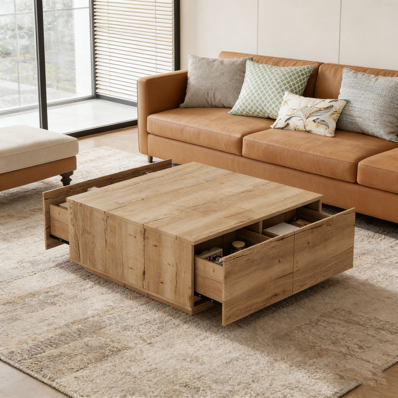 33.25" Square Coffee Table with 4 Drawers, Natural