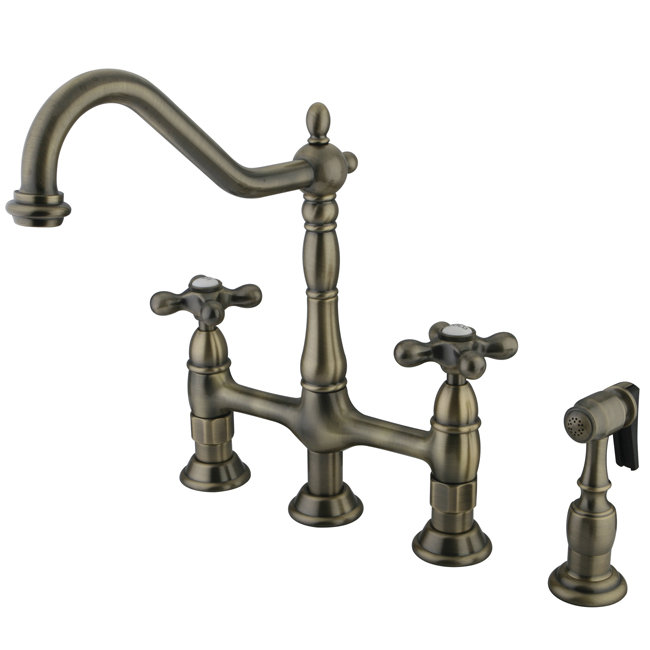 Heritage Double Handle Kitchen Faucet with Side Spray, Polished Brass