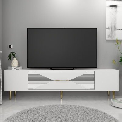 Catena Modern TV Stand, White & Gold, 59.1 x 19.0 x 11.6 inches | 100% Melamine Coated Particle Board, Wall-Mountable Design, Stylish Geometric Shape | Perfect for Living Room & Entertainment Spaces, Elegant & Functional