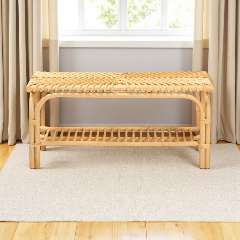 Banc d'appoint moderne de style bohémien avec construction naturelle, siège rectangulaire, une tablette ouverte, ornements enroulés et structure ajourée, couleur brune, 16,38 po de profondeur, 39,36 de largeur, 18,54 de hauteur, 13,95 lb