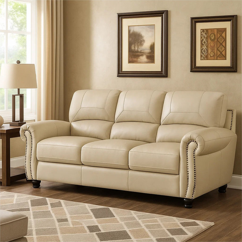 Adenn 84 " Faux Leather Sofa, Cream Faux Leather