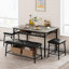 Table de salle à manger avec bancs, ensemble de table de cuisine pour 4 personnes, ensemble de table de salle à manger avec banc rembourré et tabourets carrés, ensemble de table de salle à manger en métal et bois pour 4 avec rangement pour petit esp-1148727575