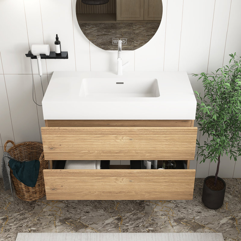 Meuble-lavabo moderne en chêne brut 36 po avec lavabo en quartz d'ingénierie blanc brillant et tiroirs doux, meuble-lavabo mural flottant