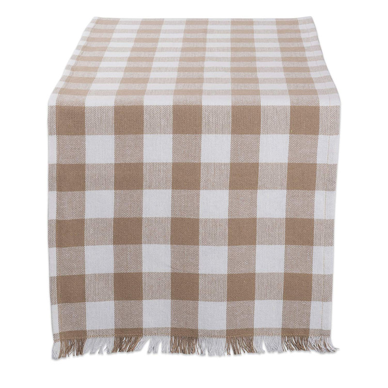 Laszlo Gingham 100% Cotton Table Runner, 14" L x 108" W, Stone Brown