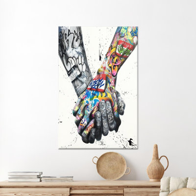 Modern Wall Decor: Couple Holding Hands Graffiti Printed Canvas Artwork,1P Wrapped Canvas