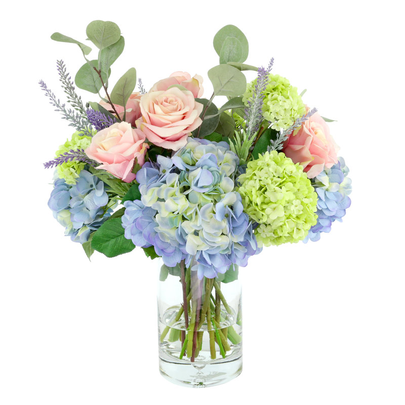 Rose and Hydrangea Arranement in Glass Vase