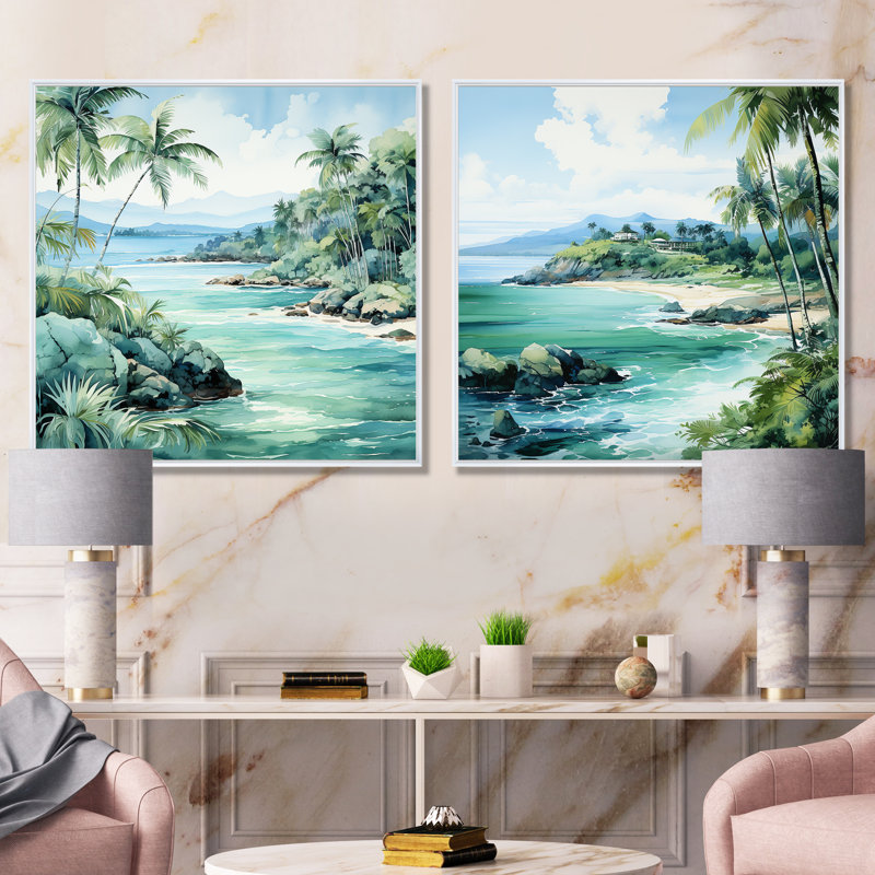 Tropical Beach Escape I - ensemble de 2 reproductions d'art mural bord de mer tropical, Cadre flottant blanc