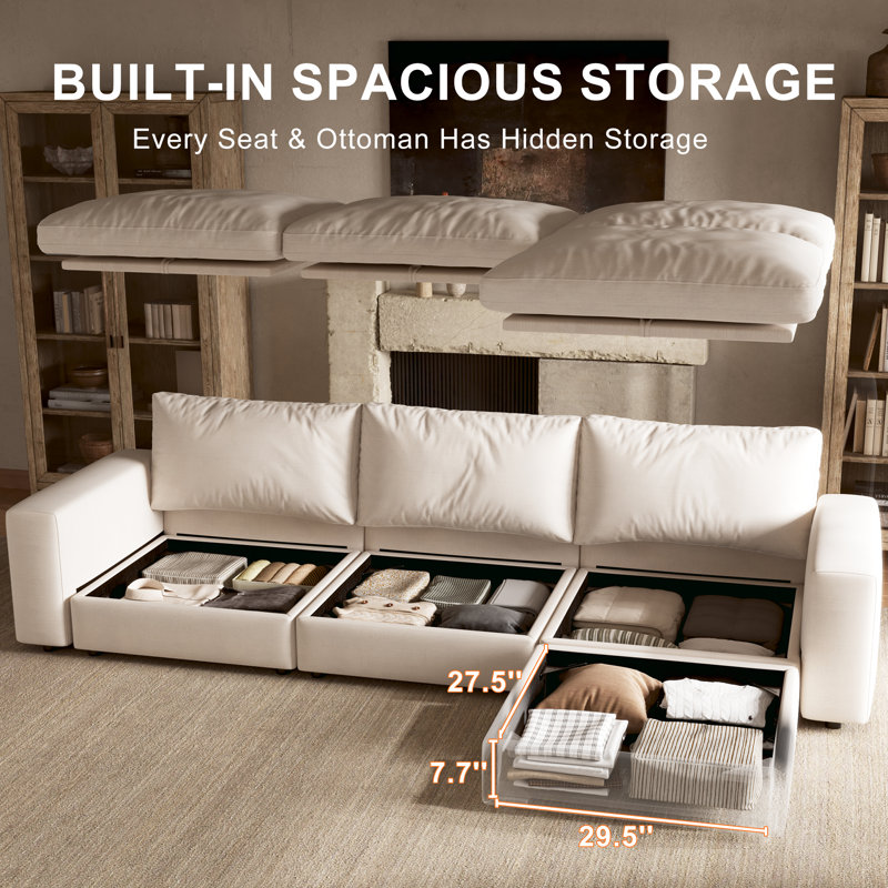 4 Piece 110.5" Upholstered Modular Sectional Sofa with Storage, White, 3Seaters-L