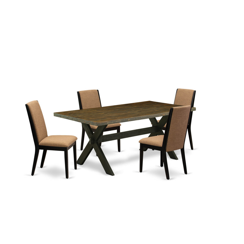 Ensemble de table de salle à manger 5 pièces moderne comprenant une table rectangulaire en bois avec pieds en X et 4 chaises Parson en tissu de sable sable clair, noir brossé