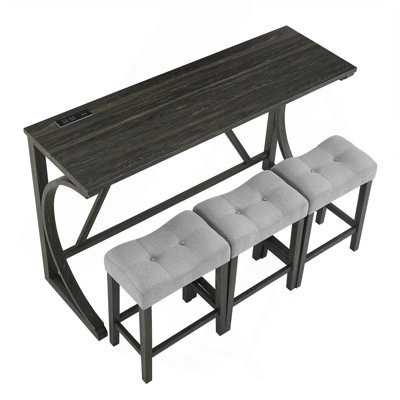 Ensemble de table de bar avec prise de courant, ensemble de table de bar et de chaises, ensemble de table de salle à manger 4 pièces, ensemble de table de petit déjeuner industriel, pour salon, salle à manger, salle de jeux