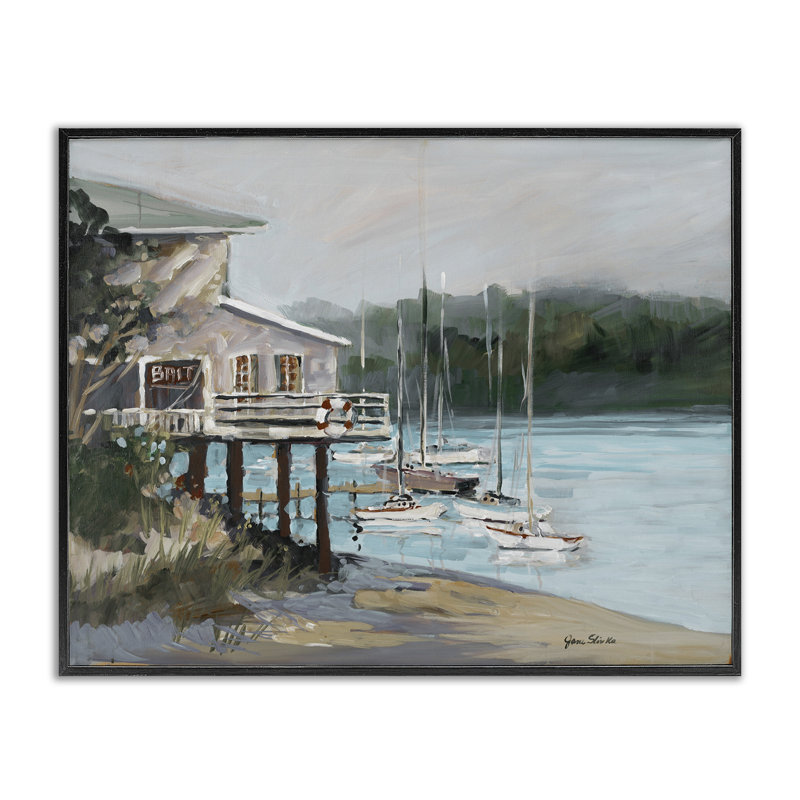 Bateau, port de plaisance, estampe numérique par Jane Slivka, Giclée encadrée noir minuit, H 16 po x l 20 po