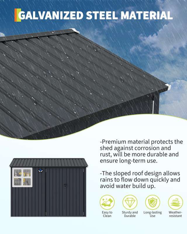 Remise de rangement en métal 6 po x 8 pi avec toit incliné, portes verrouillables, évents, fenêtres et lumière solaire, remise à outils extérieure pour le jardin, la cour arrière, le patio