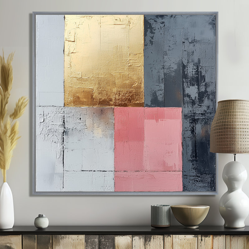 Motif géométrique abstrait géométrique doré rose et gris - forme abstraite, Impression encadrée flottante, H 36 po x l 36 po